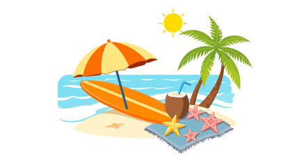 Tropical Beach Summer Vacation Scene Illustration Design Bright Sunny Day Palm Trees Ocean Surfboard Umbrella Coconut Drink Starfish Sandy Beach Relaxing Holiday Idyllic Paradise Exotic Vacation      