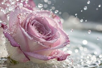 Closeup of a Dew Covered Pale Pink Rose in Water with Water Droplets Splashing