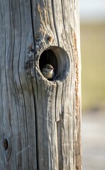 Small Bird Resting Inside a Hole in Weathered Wooden Post