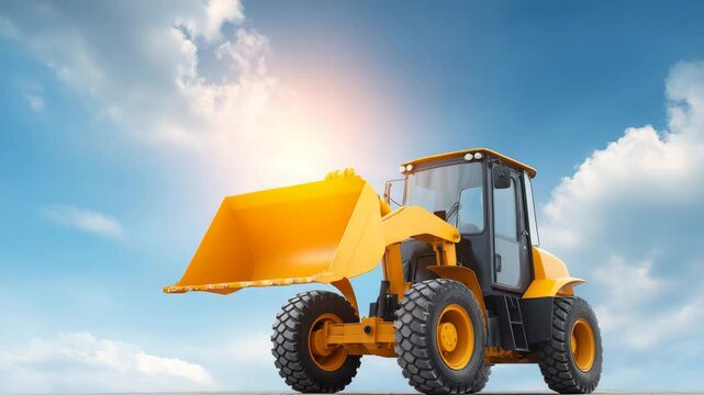 Golden Bulldozer Under a Blue Sky: A robust, gleaming yellow bulldozer commands attention, its scoop raised against a backdrop of a vibrant, sunlit sky with fluffy clouds.