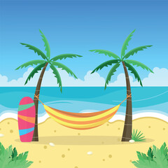 Landscape with palm trees, hammock and surfboard on the ocean shore. Island vacation. Tourism.