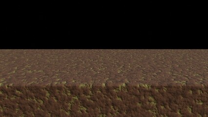 Barren earth. Empty soil no grass. Earth and fertilizer prepared and ready for grass seeds. Mud and dirt against black background. 3d render illustration. 