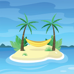 Obraz premium Landscape with palm trees and hammock on the island. Place for rest. Summer holidays.