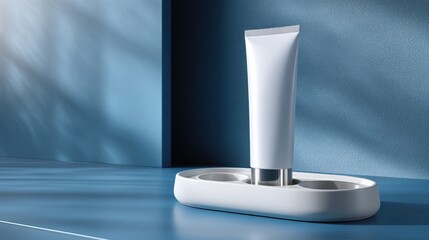 A white tube of toothpaste sits on a white tray