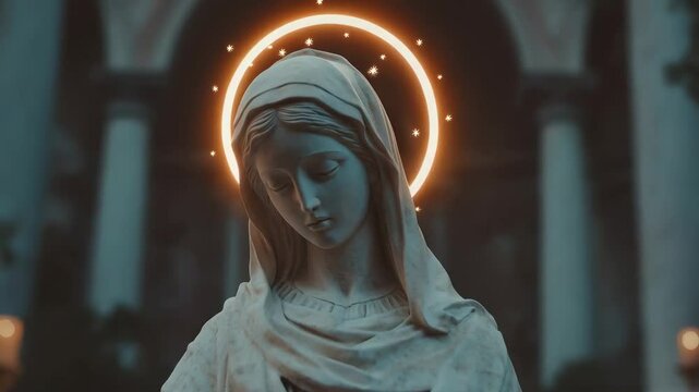 Glowing halo around statue of Virgin Mary at night. Spiritual symbol of faith and devotion. For Christmas, Easter, Assumption of Mary celebration.