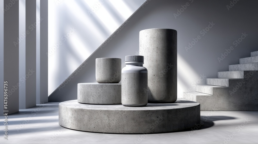 Poster a set of white ceramic vases and a jar are arranged on a concrete platform