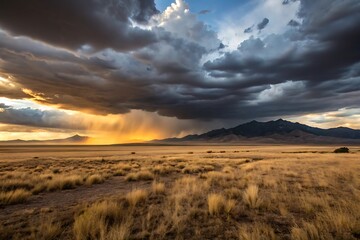 Obraz premium Dramatic Sunset Over a Vast Desert Landscape with Mountains and Storm Clouds