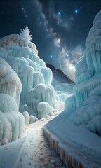 Enchanted Ice Canyon Pathway Under a Starlit Night Sky