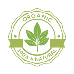 Organic Natural Product Label Green Leaves Eco Friendly Badge Design 100 Percent Natural Ingredient Emblem Vector Illustration Graphic Resource Template for Packaging Branding Identity Sustainable    