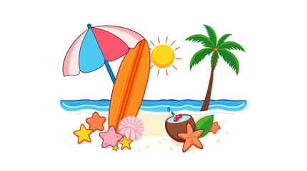 Summer Beach Vacation Tropical Paradise Illustration Design Bright Colorful Surfboard Umbrella Palm Tree Ocean Coconut Drink Seashells Starfish Sandy Beach Summertime Holiday Tropical Island Scene    