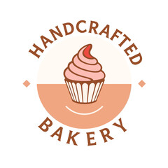 Handcrafted Bakery Logo Design Pink Cupcake Sweet Treat Delicious Dessert  Pastry Shop Branding Cute Whimsical Illustration Artistic Vector Graphic Design Element Bakery Business food icon cafe food  