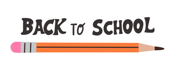 Back to school banner, poster. Yellow pencil doodle drawing on white, vector illustration . Hand drawn illustration pencil and lettering for school .