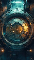 Intricate, circular, metallic structure with glowing center.