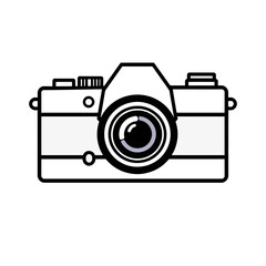 Vintage Film Camera Illustration Simple Design Retro Photography Equipment Classic Camera Icon Graphic Element Black White Line Art Image Photographer Tool Retro Camera Drawing lens focus shoot style 