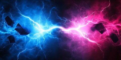 Abstract electric lightning in vivid blue and pink hues symbolizes conflict and confrontation. Versus screen in gaming. A vibrant display of electric energy in blue and pink hues.

-