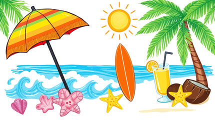 Vibrant Summer Beach Scene Illustration Colorful Umbrella Surfboard Palm Tree Ocean Waves Starfish Tropical Drink Sunny Day Vacation Paradise Design Element Digital Art Graphic Design Summertime      