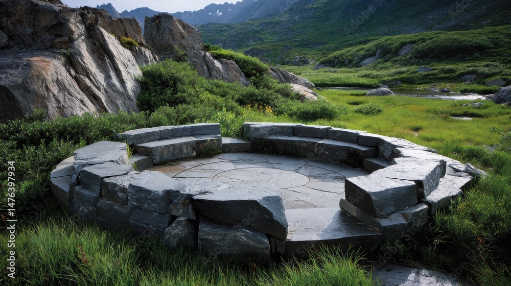 Poster a stone circle with benches in the middle of a grassy field