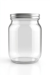 Empty glass mason jar with silver lid on white background studio shot product photography