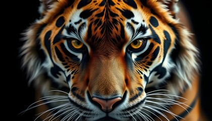 Obraz premium A striking close-up portrait of a Bengal tiger with its golden eyes intensely focused forward.