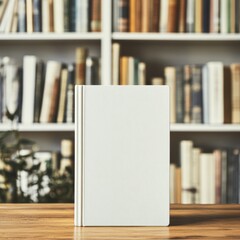 Blank book cover mockup on wooden table with bookshelf background, close-up studio shot, education concept, learning and reading