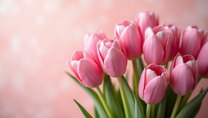 Fototapeta premium A bouquet of pink tulips on a soft pink background