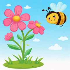 Friendly Bee with Blossoming Flowers