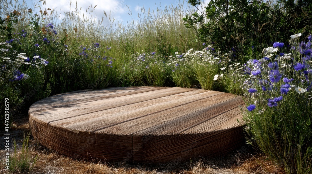 Poster A wooden round table with a rope around it is surrounded by flowers