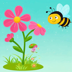 Friendly Bee with Blossoming Flowers