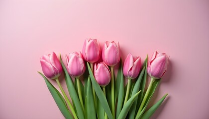 A bouquet of pink tulips on a pastel pink background