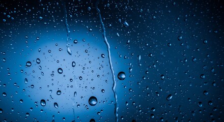 Water Drops on Glass Blue Background