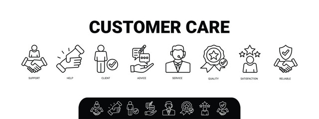 Customer care banner web icon illustration concept for customer support and telemarketing service with an icon of help, client, advice, chat, service, reliability, quality, and satisfaction