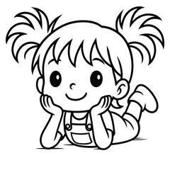 Fototapeta premium Coloriage petite fille kawaii couchée la tête dans les mains