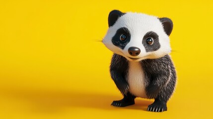Obraz premium Adorable 3D render of a fluffy panda cub against a vibrant yellow background.