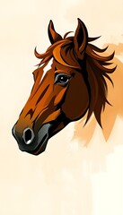 A stylized digital illustration of a brown horse head with a white blaze and flowing mane.