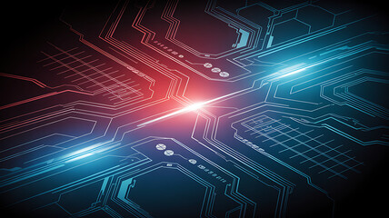 Obraz premium An abstract, symmetrical image of a circuit board with glowing blue and red lines against a dark background.