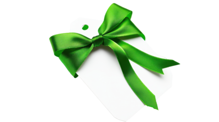 Elegant White Gift Tag with Green Satin Ribbon Bow on a Transparent Background for Creative Design