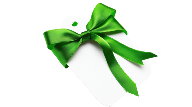 Elegant White Gift Tag with Green Satin Ribbon Bow on a Transparent Background for Creative Design