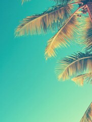 Fototapeta premium Palm tree fronds against bright blue sky in tropical location, low angle view, summer vacation vibe, teal and gold tones