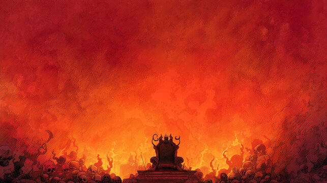satan hell, hell throne surrounded by fire and skulls, Satan sitting on it with fiery red energy aura, red to orange gradient background