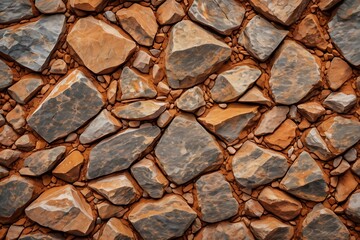 Obraz premium Textured Surface of Gray and Orange Rock Pieces with Fine Sediment - Close-Up View, Detailed Stone Aggregate Background 
