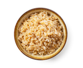 Freshly Cooked Brown Rice on a White Background, Overhead View