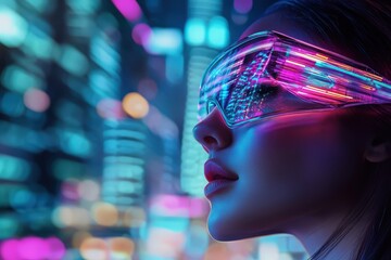 Naklejka premium Futuristic woman in glowing, vibrant city lights.