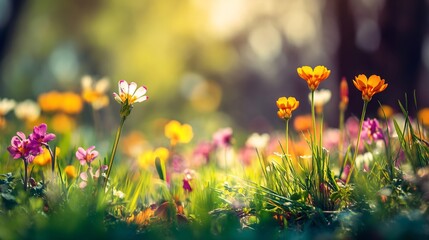 Fototapeta premium Vibrant spring background with blooming flowers green grass and soft sunlight evoking the energy of new beginnings overlay cut out on isolated transparent removed background