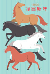2026年　午年の年賀状デザイン　シンプルな走る馬のイラスト
