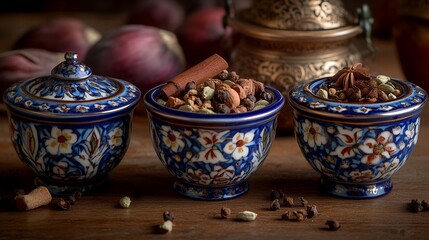 Exotic Spice Blend in Vintage Blue Bowls Aromatic Herbs and Spices Culinary Still Life Photography