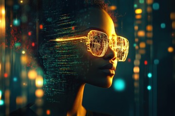 Profile view of a person wearing futuristic glasses with digital code overlay.