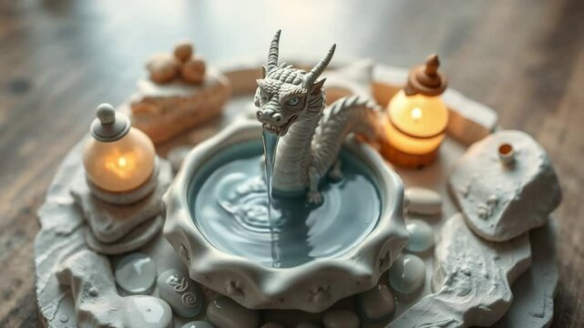 Ceramic dragon fountain with glowing lights in a serene setting  
