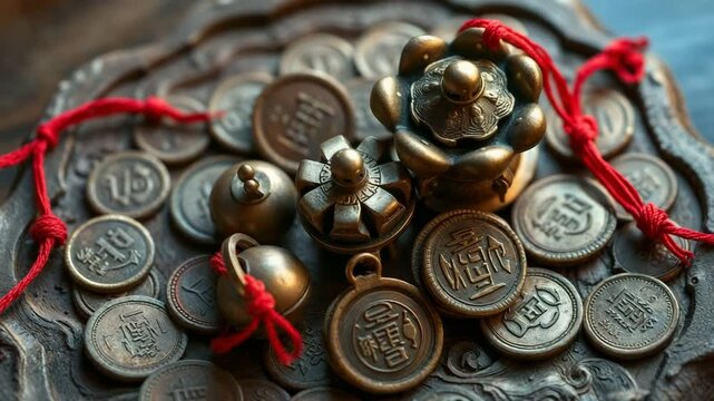 Antique Coins and Talismans with Red String on Decorative Plate  