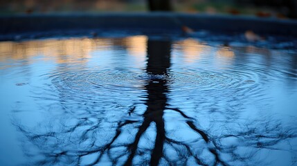Fototapeta premium Calm reflections on a serene water surface showcasing the beauty of nature's colors and patterns during twilight