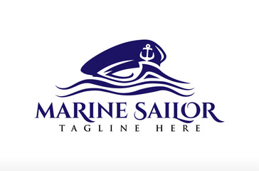 Marine Sailor Logo, Captain Cap logo, Sea Wave logo design, marine ship captain cap in the coastal, marine concept, marine life in the sea ocean blue water Vector Icon Symbol anchor Illustration